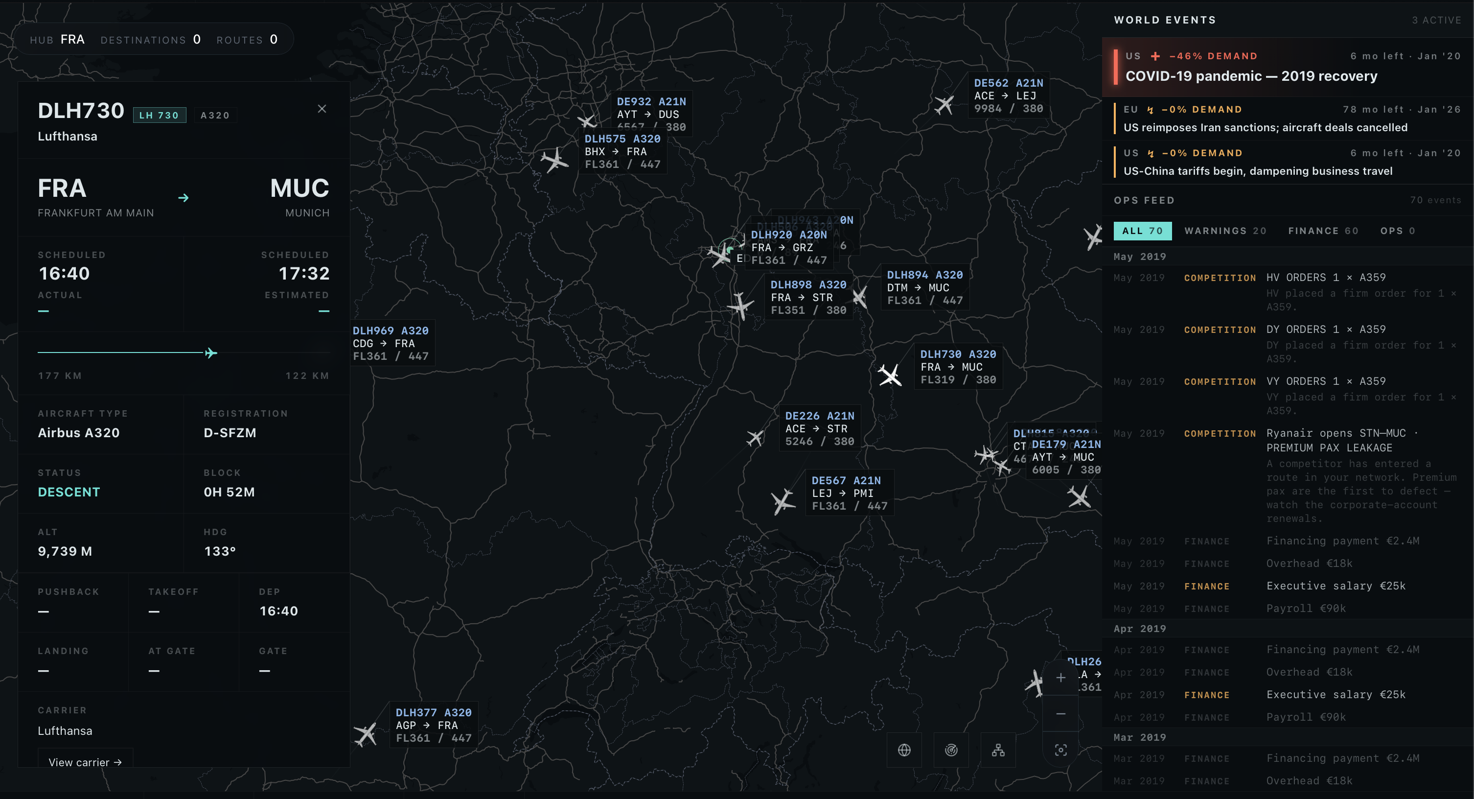 World map with live aircraft in flight and world events panel