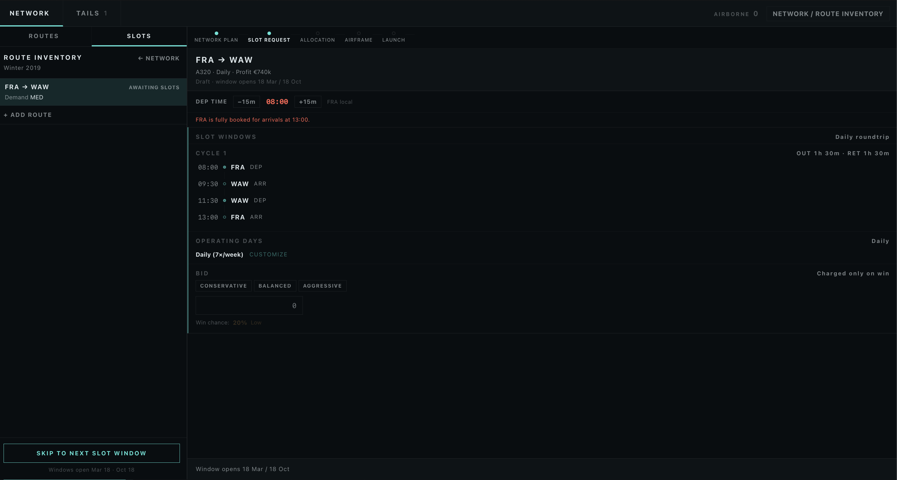 Slot request screen: FRA to WAW departure time selection and bid configuration