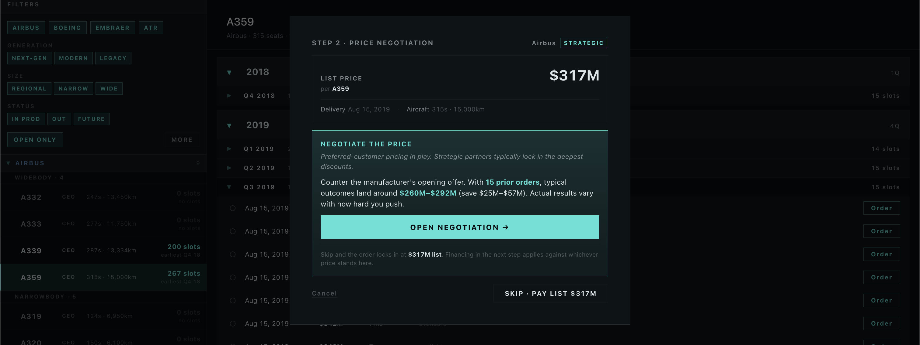 Step 2 Price Negotiation card showing A359 at $317M list with "Strategic" relationship badge and predicted savings range