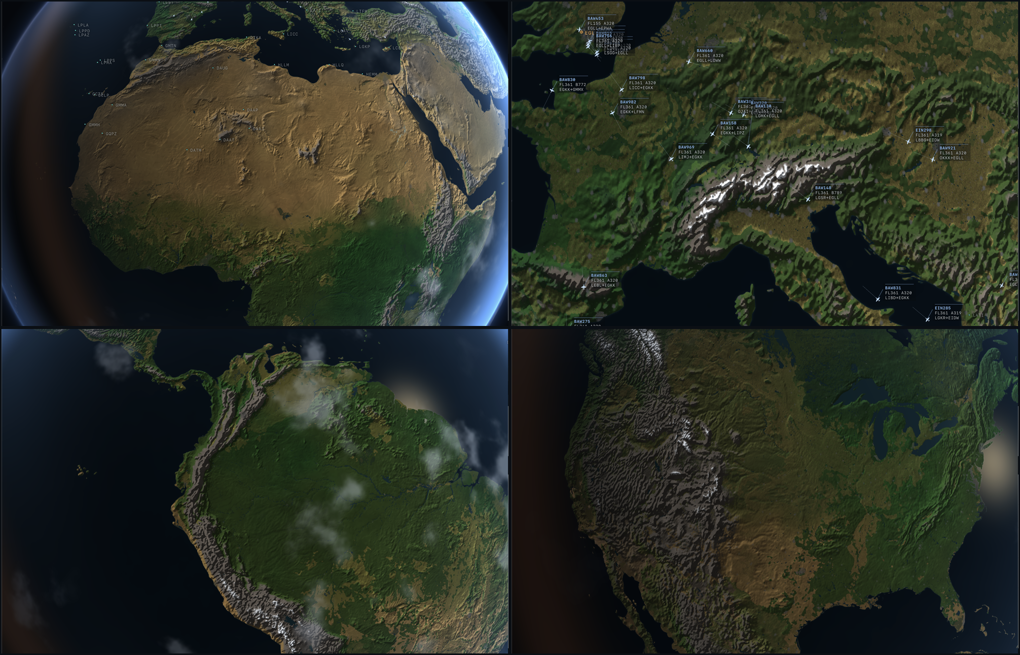 Four crops from the same surface shader showing four climates: Sahara dune banding, the Alps with a snow line and hillshade, Amazon rainforest, and US Midwest field parcels.