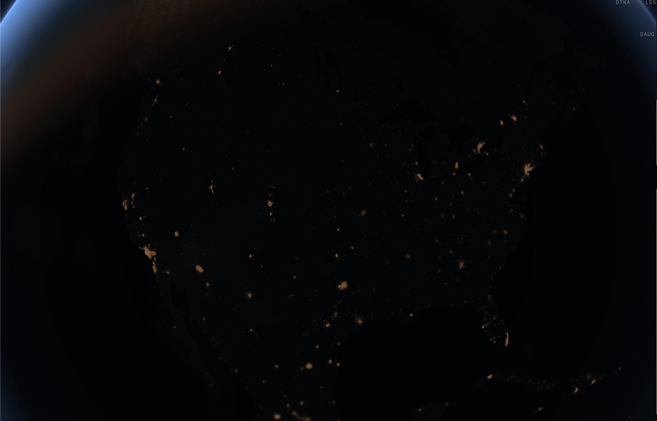 A night orbit over North America, the day-side terminator glowing at the upper-left. The derived city-light field resolves into individual metros across the continent; at this altitude the baked motorway and river webs carry the continental read as one static mesh.