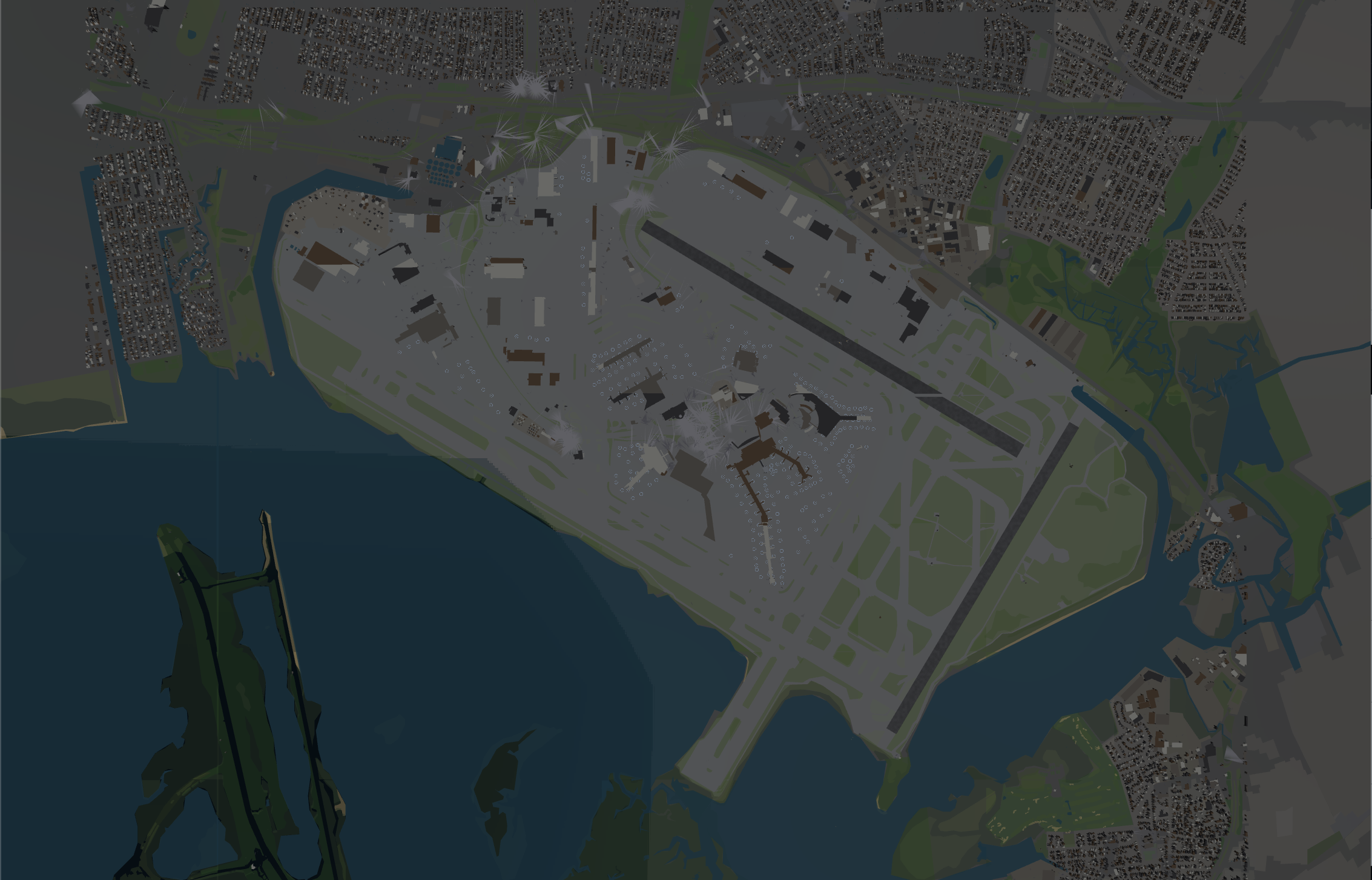 A whole airport top-down by day, ringed by city and water: intersecting runways and a taxiway network built from real OSM centerlines, aprons dotted with stand lead-in rings, and real building footprints across the field.