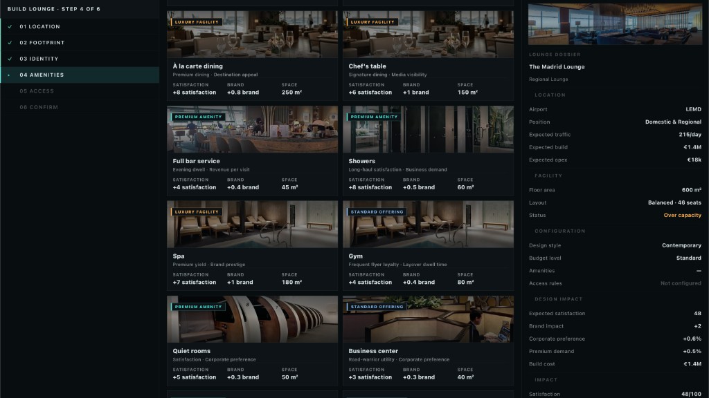 Build Lounge step 4 Amenities. Checkbox grid of lounge features with cost impact.